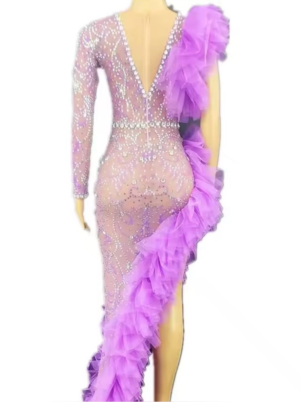 Lavender Rhinestone Evening Gown with Ruffle Detail - Picture 2 of 3